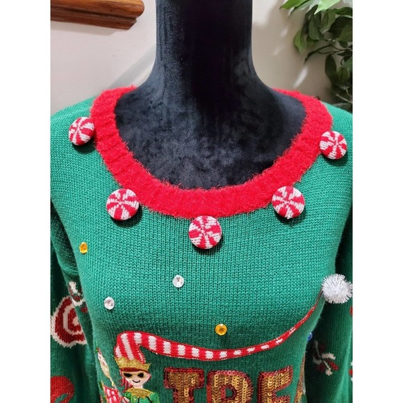 Holiday Times Christmas Green Acrylic Round Neck Long Sleeve Knit Sweater Size M - Picture 3 of 11
